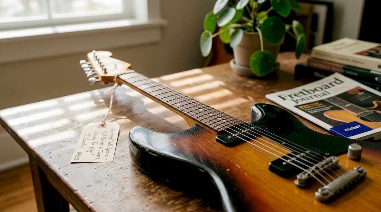 Close-up detailed restored vintage guitar body