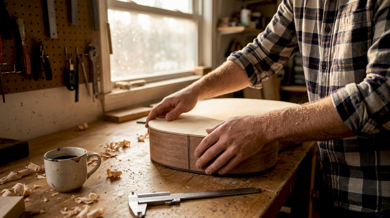 Hands assembling acoustic guitar spruce top