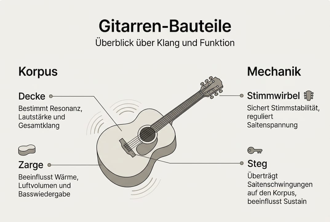 Übersicht: Die wichtigsten Gitarrenkomponenten und ihr Einfluss auf den Klang – anschaulich dargestellt in einer Infografik.