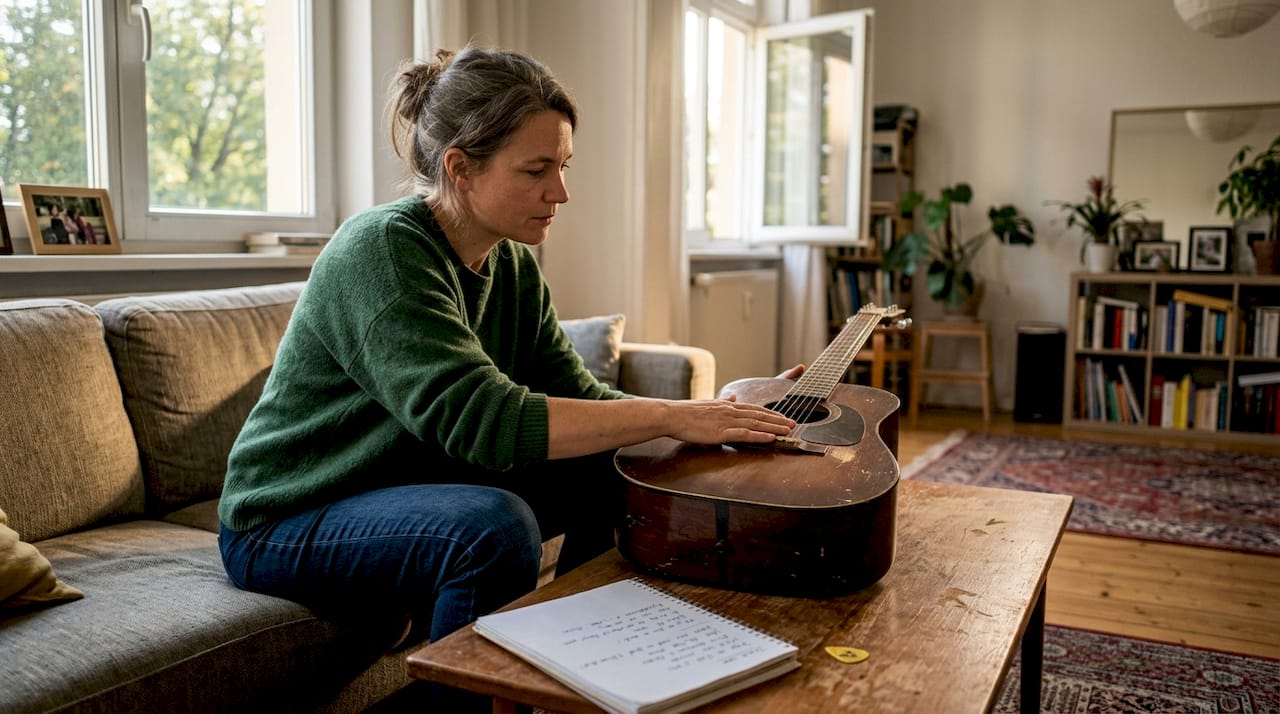 Eine Frau begutachtet eine alte Gitarre und überprüft, ob sie noch gut erhalten ist.