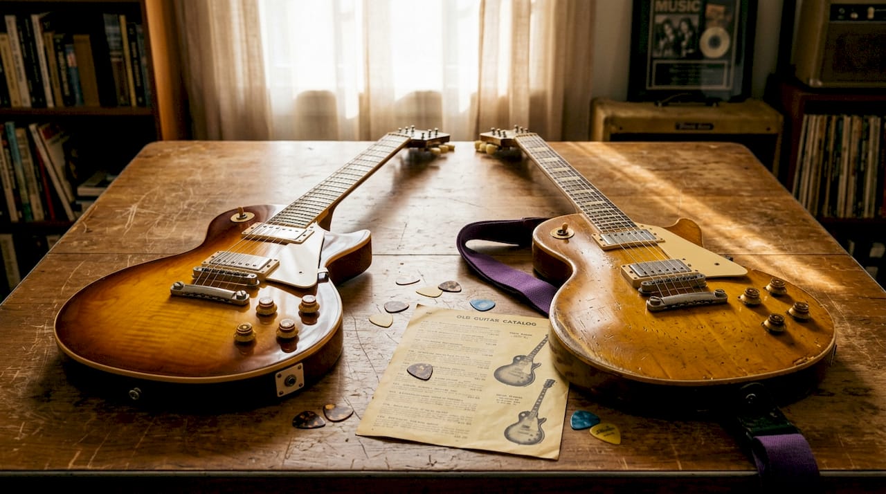 Pristine and worn guitars side by side