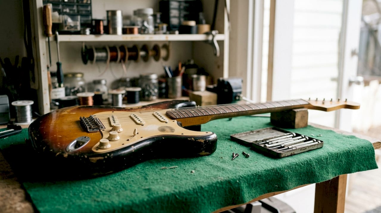 Nahaufnahmen einer alten E-Gitarre mit typischen Gebrauchsspuren