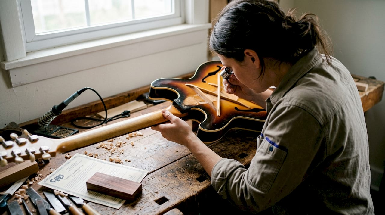 Examining vintage guitar construction in home studio