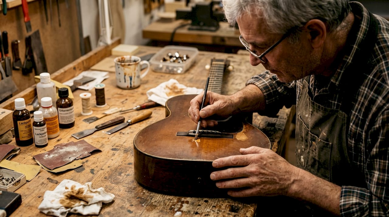 Ein Gitarrenbauer haucht einer alten Vintage-Gitarre in seiner Werkstatt neues Leben ein.
