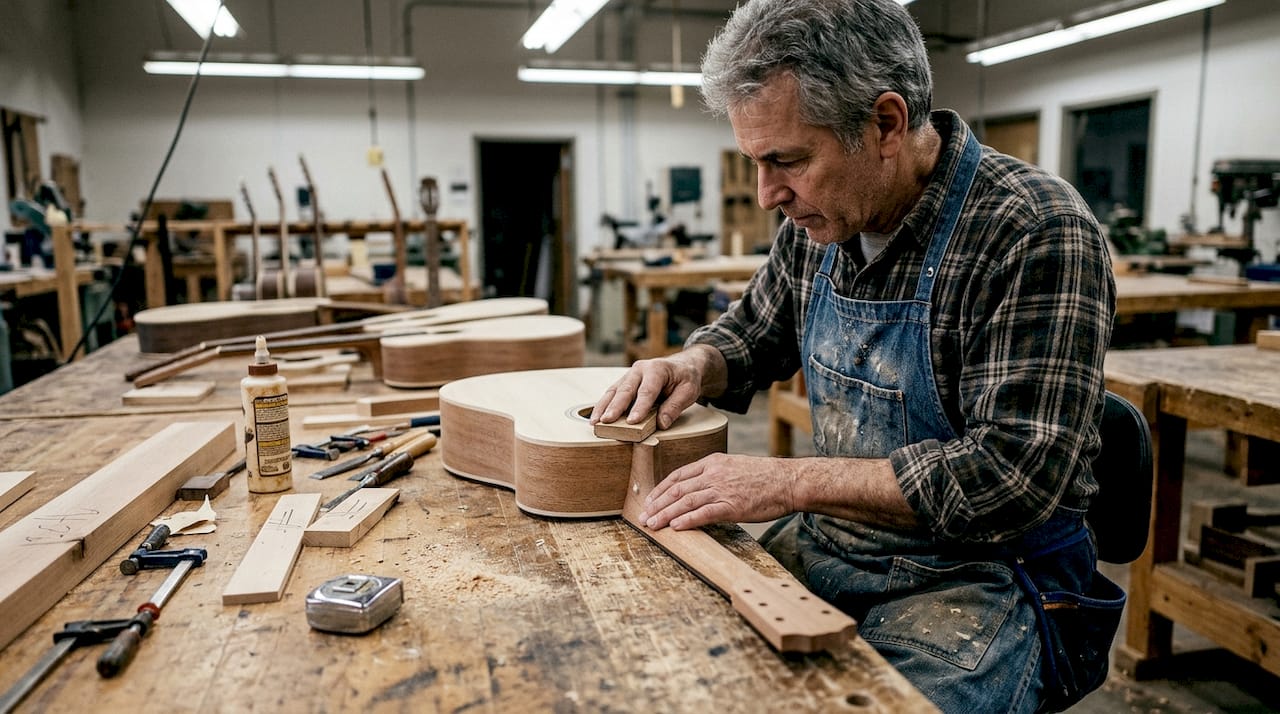 Guitar maker sanding neck joint at workshop table
