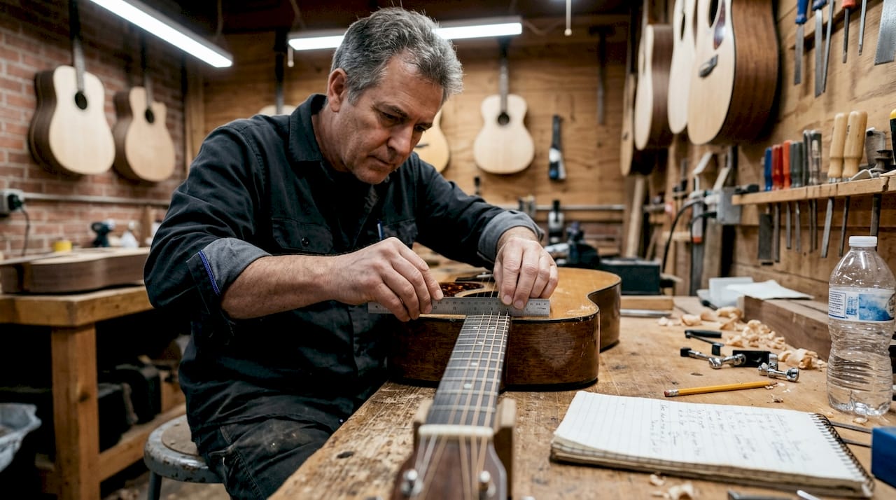 Luthier measuring guitar action at workbench