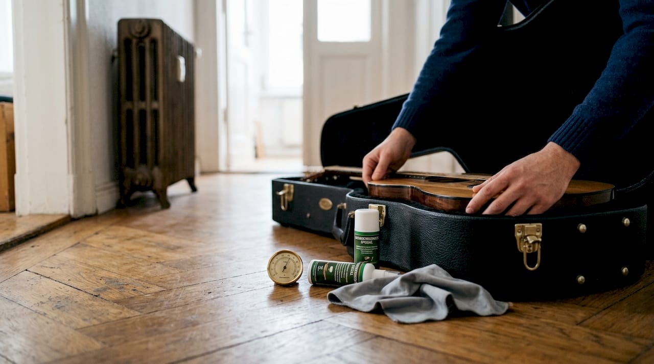 Robuster Gitarrenkoffer mit integriertem Hygrometer und praktischem Pflegeset – für optimalen Schutz und perfekte Instrumentenpflege.