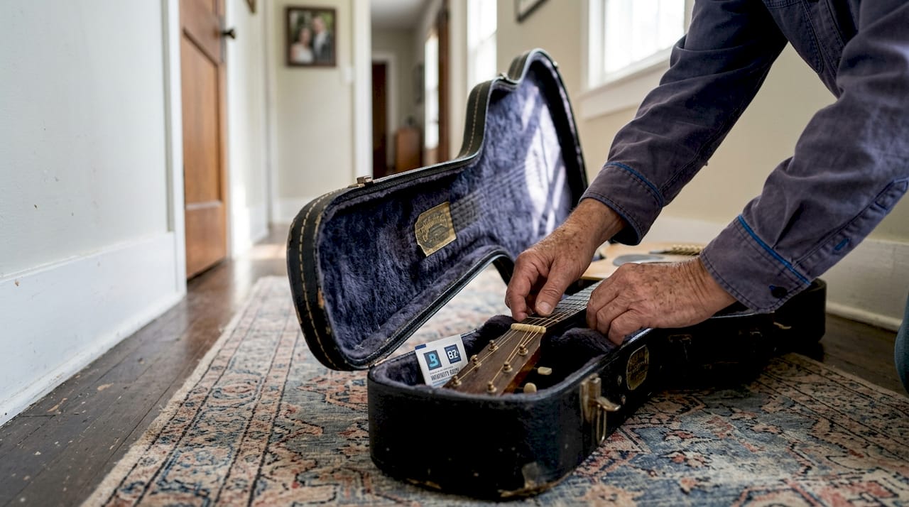 Vintage guitar stored safely in hard case