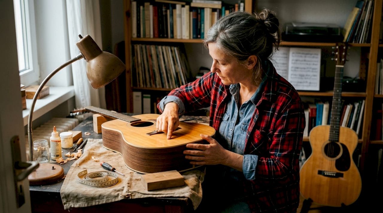 Eine Frau begutachtet die Holzmaserung einer alten Gitarre.
