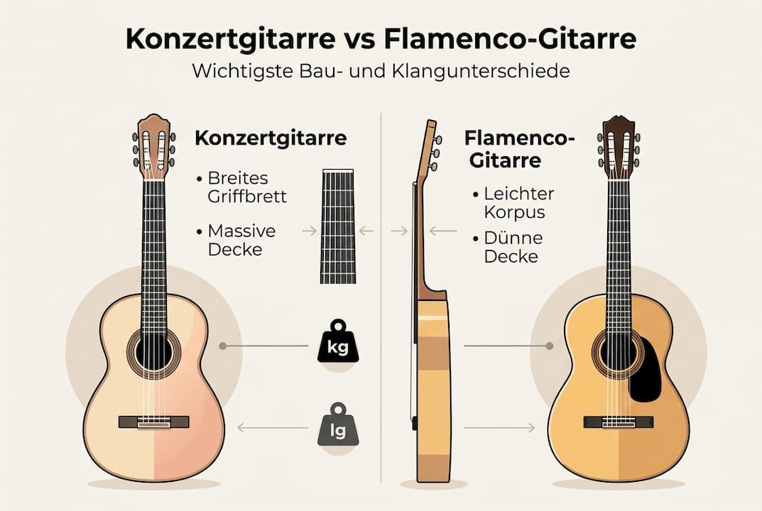Übersichtsgrafik mit den wichtigsten Unterschieden zwischen den beiden Gitarrenarten