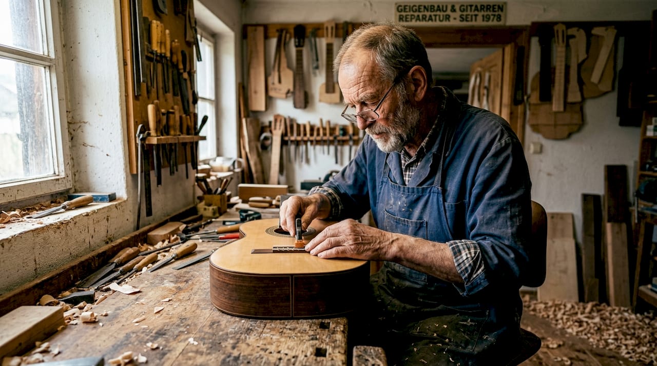 In seiner Werkstatt fertigt ein Gitarrenbauer mit viel Liebe zum Detail eine klassische Konzertgitarre an.