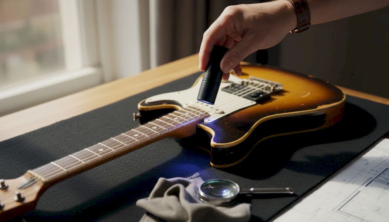 UV light checking vintage guitar finish close-up