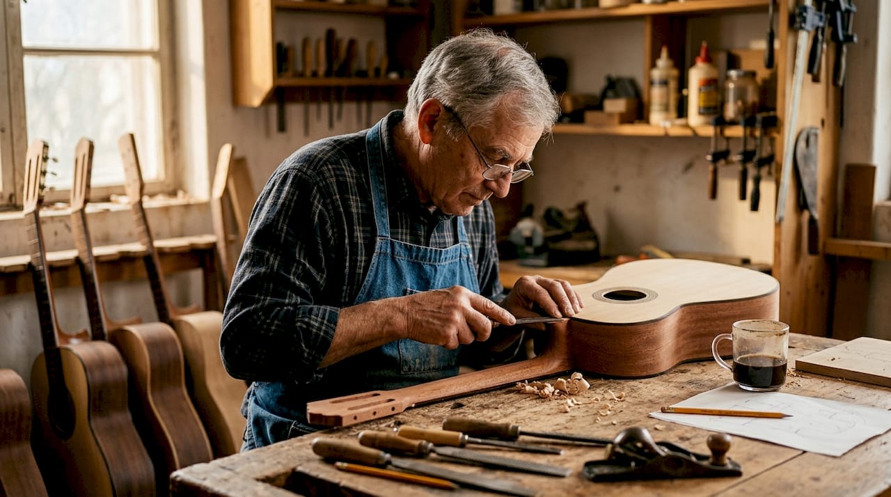 Ein Gitarrenbauer arbeitet mit viel Fingerspitzengefühl an den feinen Details einer klassischen Gitarre.