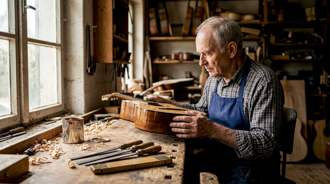 Ein Gitarrenbauer begutachtet die Lackierung einer Gitarre an seiner Werkbank.