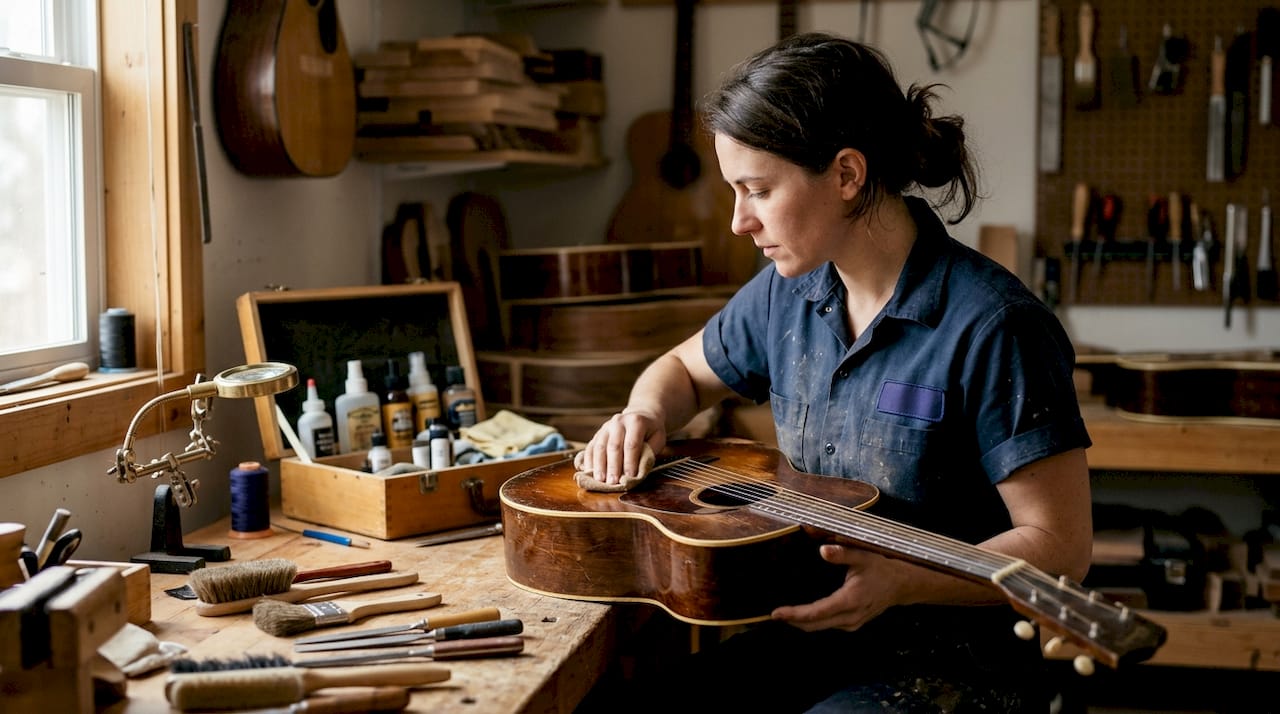 Luthier restoring vintage guitar body