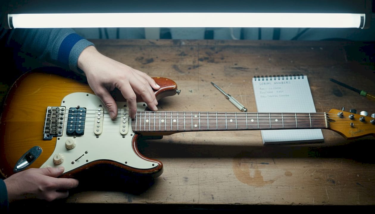 Hands inspecting guitar hardware details