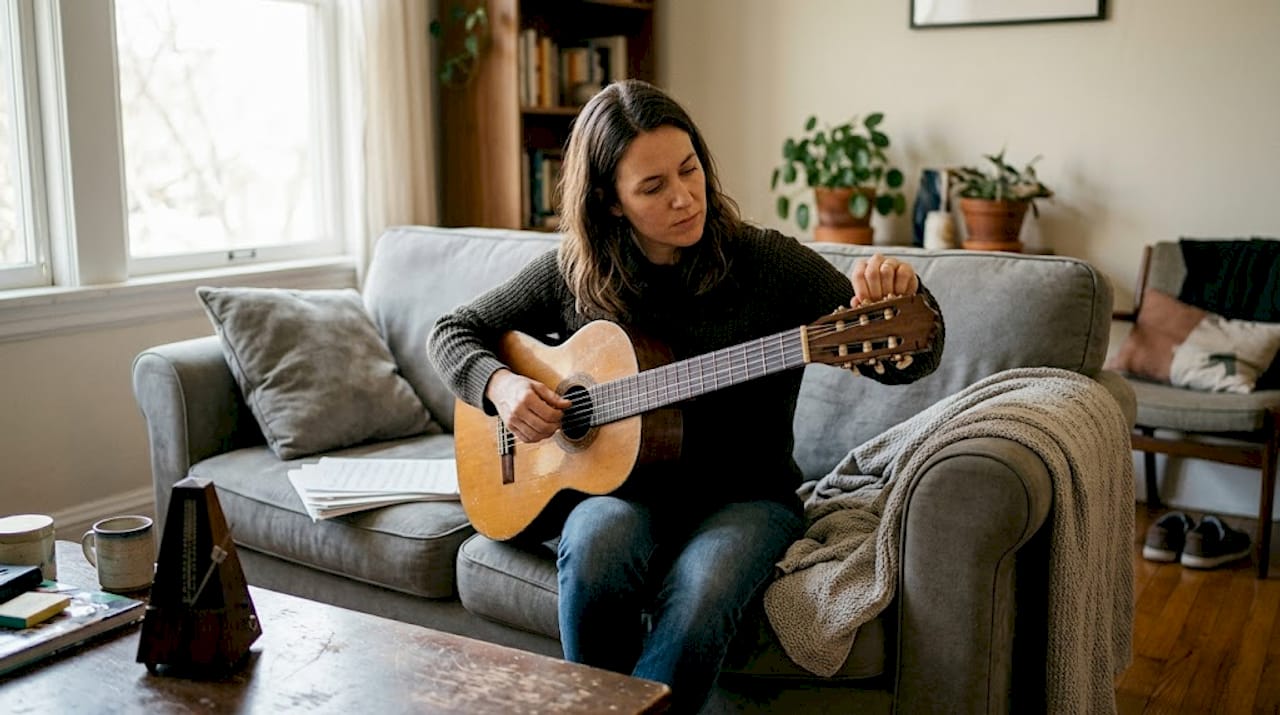 Eine Frau stimmt ihre alte Gitarre, nachdem sie neue Saiten aufgezogen hat.