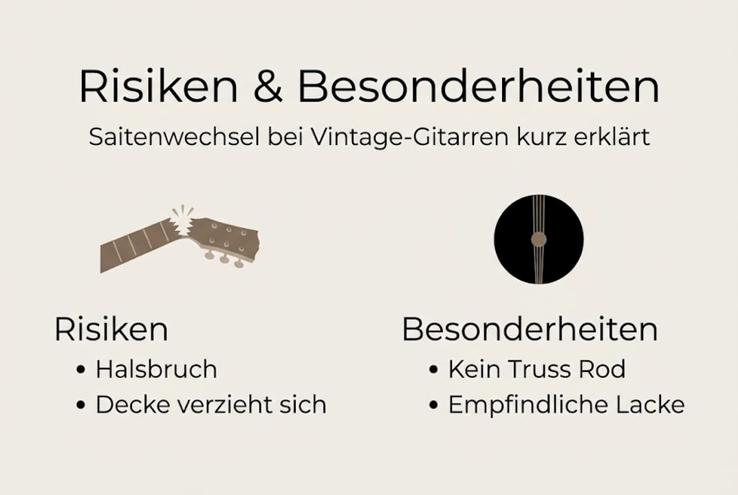Infografik: Worauf man beim Saitenwechsel an Vintage-Gitarren achten sollte – Risiken und Besonderheiten im Überblick