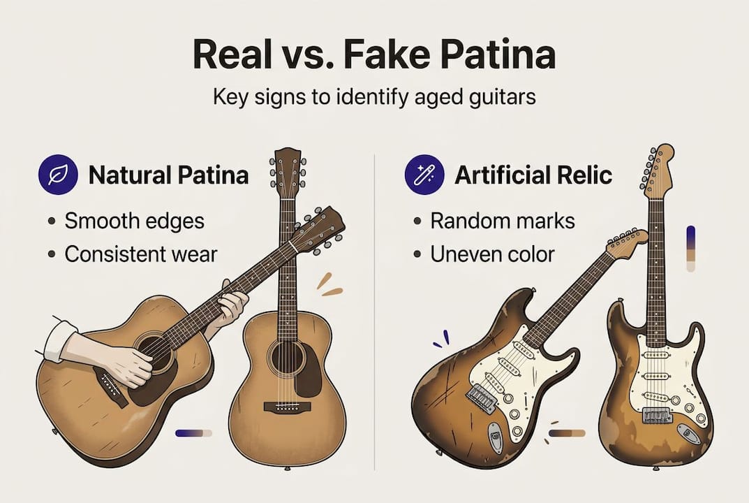Infographic comparing real and fake guitar patina