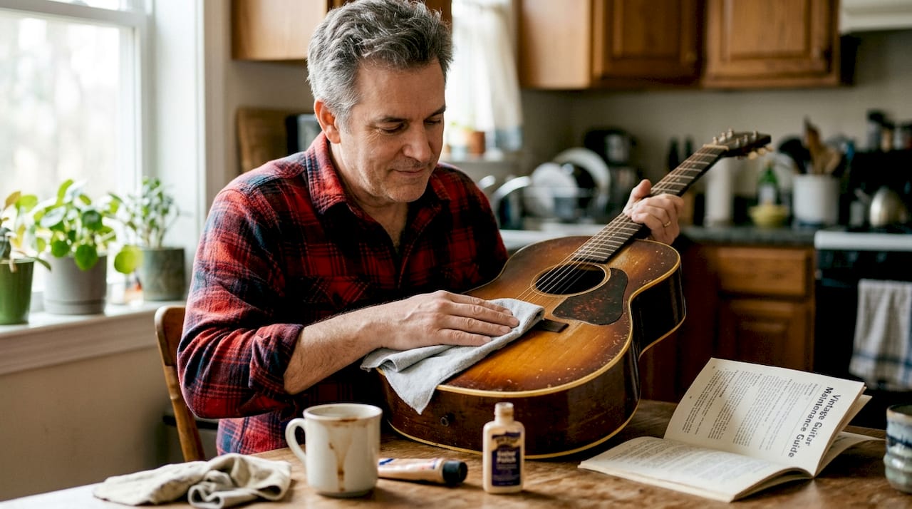 Person preserving patina on aged guitar