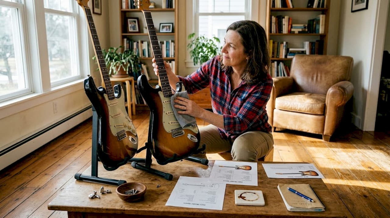 Collector comparing vintage and reissue guitars