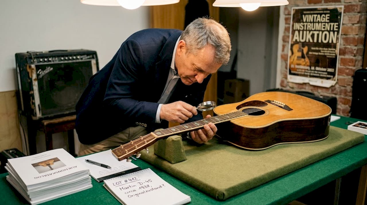 Ein Auktionator begutachtet eine seltene Martin D-45 Gitarre.