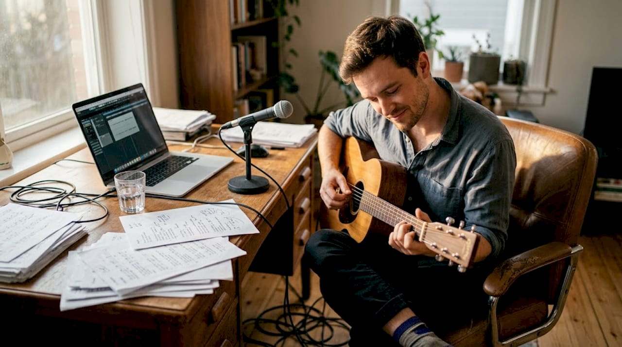 Man playing parlor guitar by home studio desk