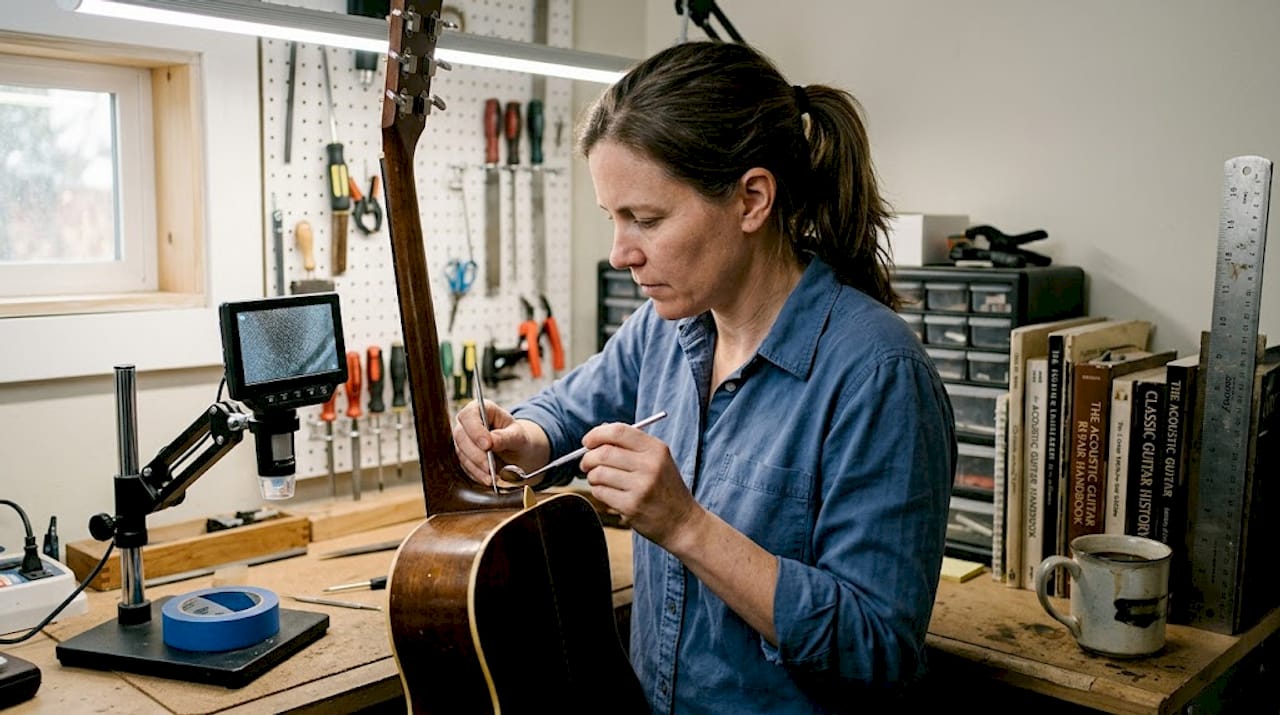 Expert authenticating guitar with scientific tools