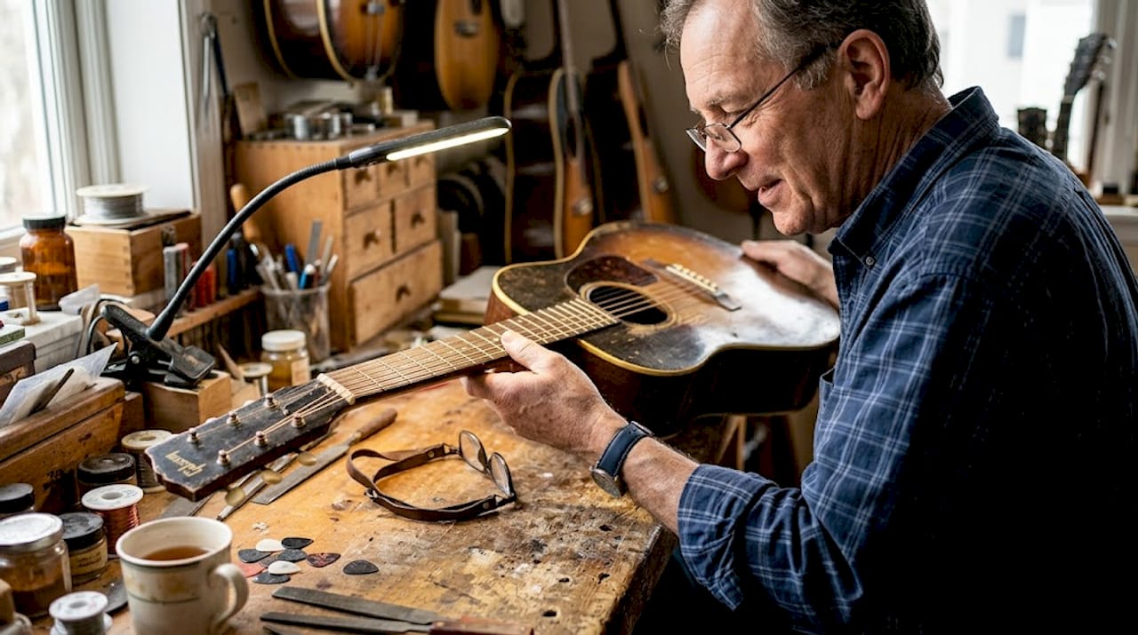 Expert closely inspects vintage guitar neck