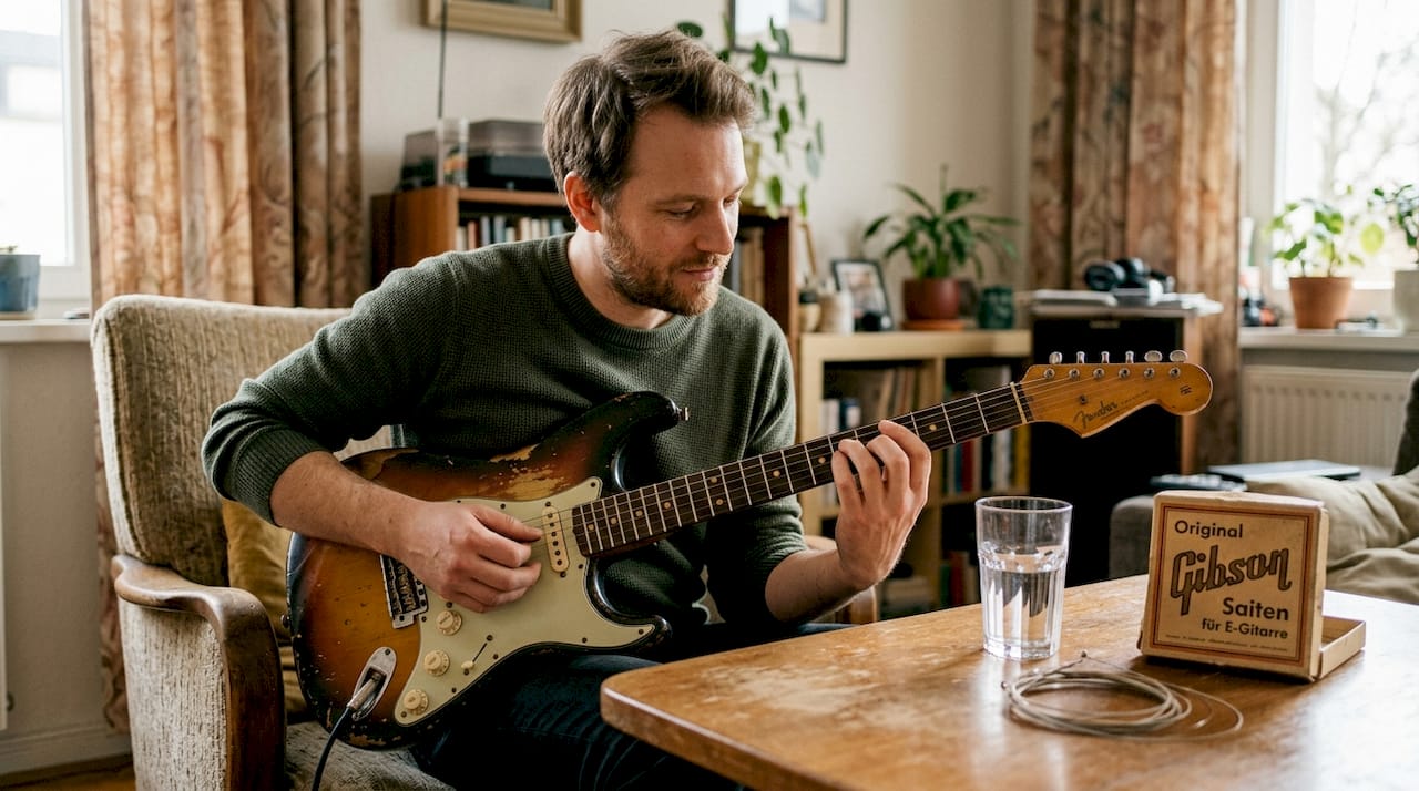 Ein Mann sitzt im Wohnzimmer und lässt auf seiner alten Vintage-Gitarre ein paar Akkorde erklingen.