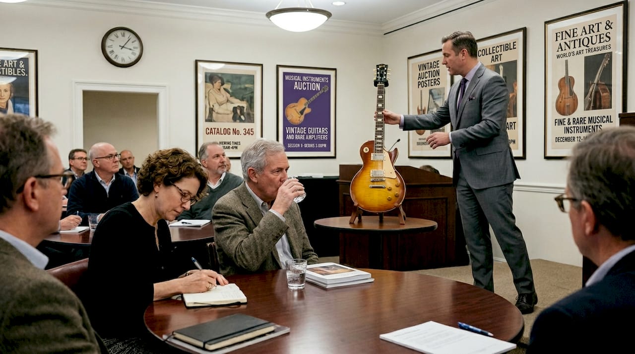 Collectors bidding on vintage guitars at auction