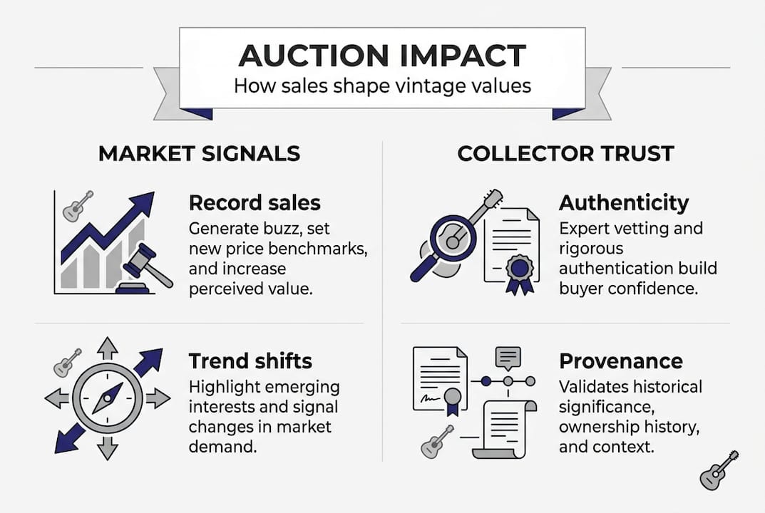 Infographic showing auction house influence on guitar values