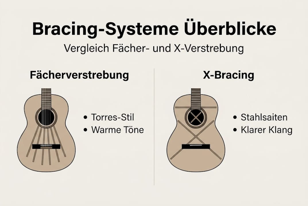Übersichtsgrafik zu den verschiedenen Verstrebungssystemen bei Gitarren