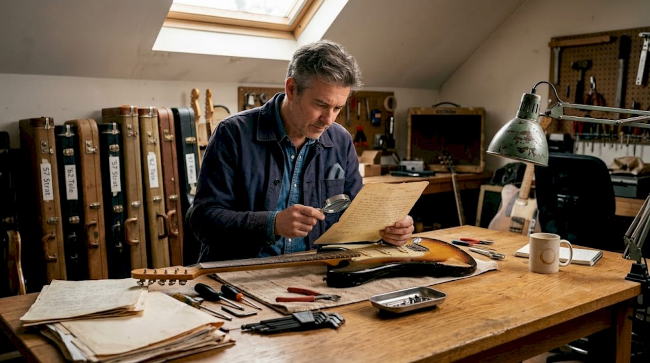 Expert verifying guitar provenance documents