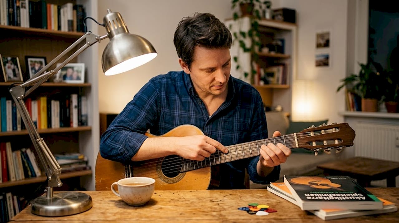 Eine Person nimmt das Griffbrett der Gitarre genau unter die Lupe und prüft sorgfältig die Bundstäbchen.
