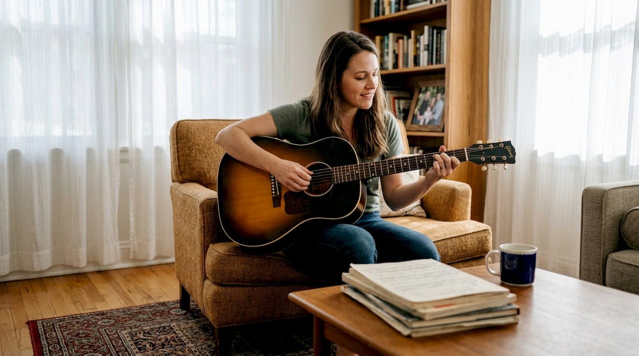 Woman playing vintage Gibson guitar at home