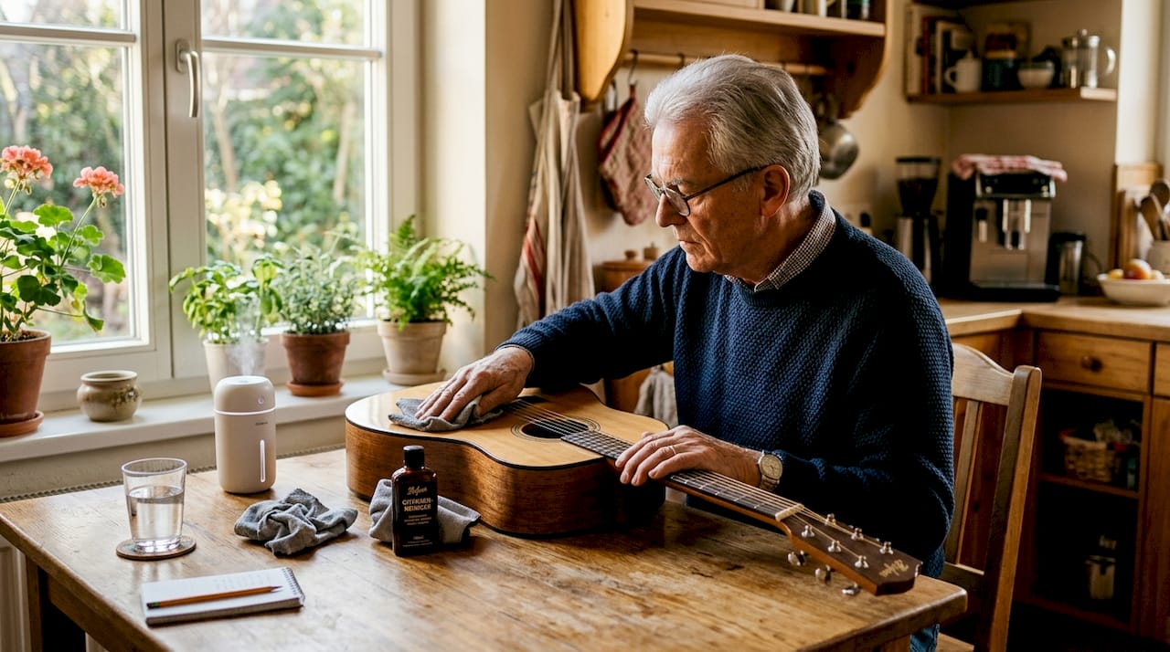 Ein älterer Herr sitzt am Küchentisch und putzt sorgfältig seine Gitarre.