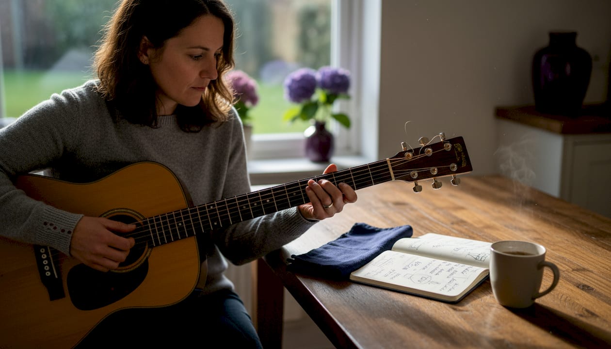 Guitarist inspecting boutique guitar fretwork