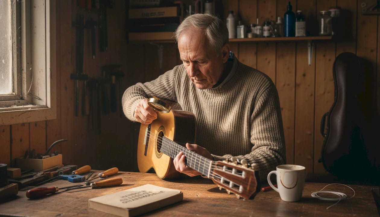 Ein leidenschaftlicher Gitarrensammler begutachtet seine neueste Errungenschaft an der Werkbank.