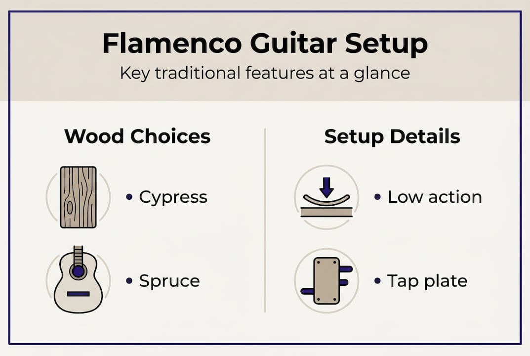 Flamenco guitar setup infographic wood and features