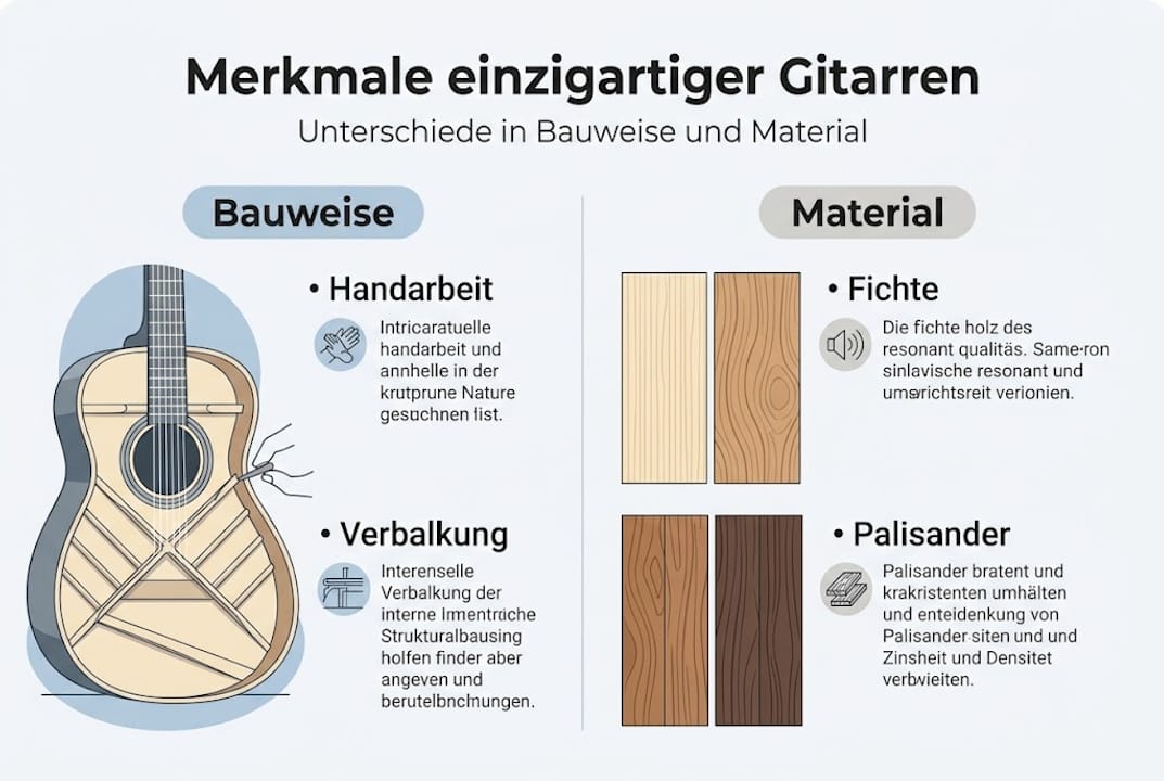 Übersicht der wichtigsten Gitarreneigenschaften und verwendeten Materialien