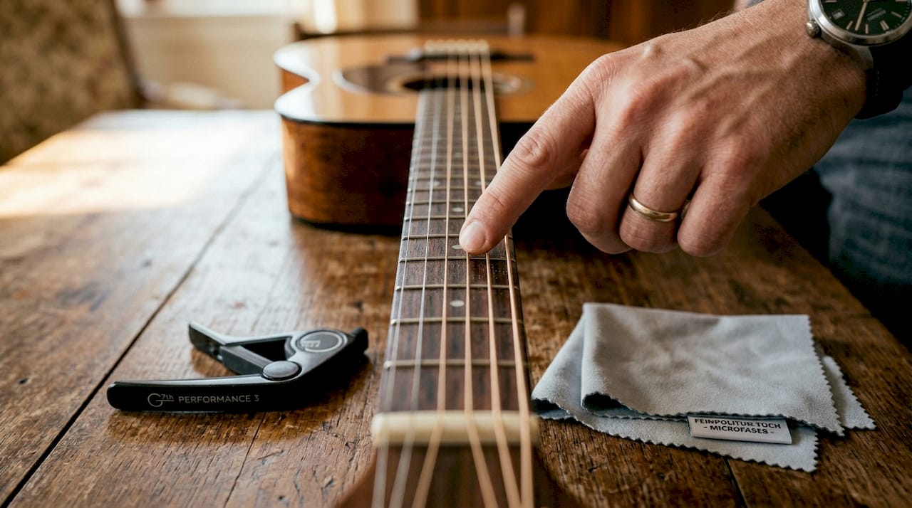 Mit den Fingern wird die Saite auf das Griffbrett der Gitarre gedrückt.