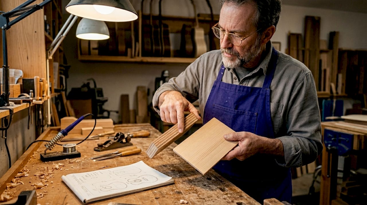 Luthier showing laminated and carved guitar tops