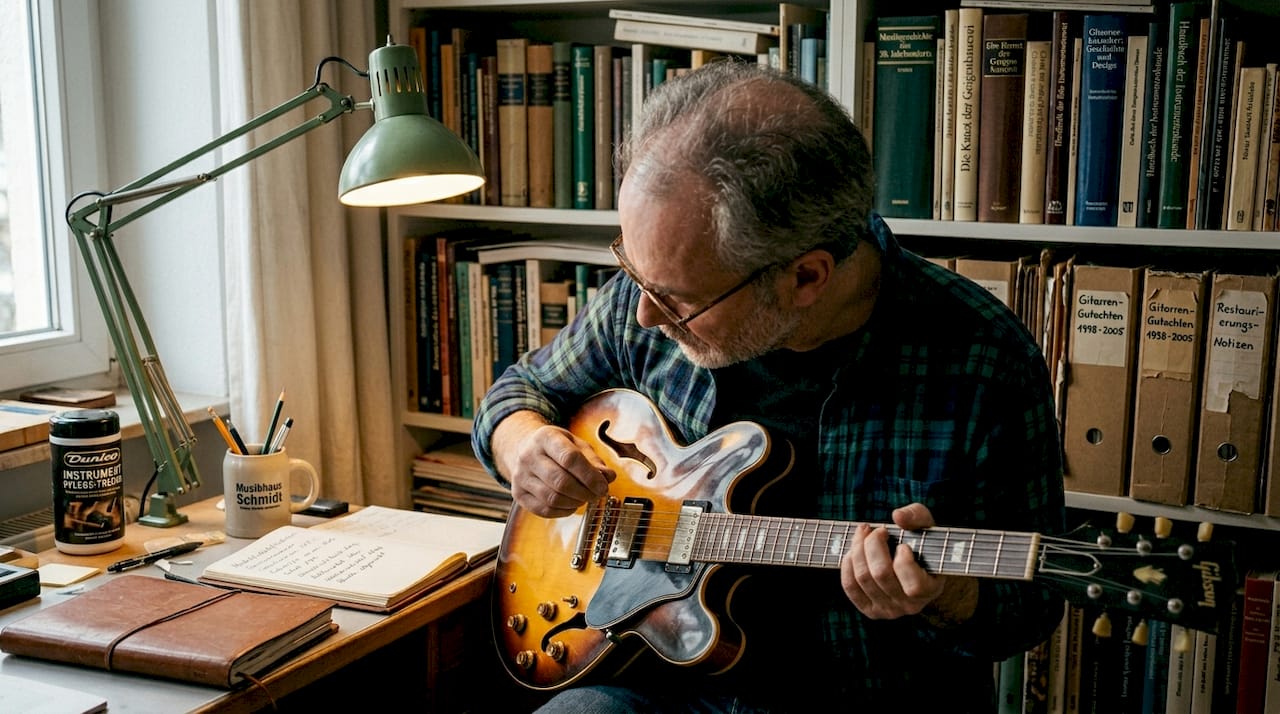 Ein Gutachter nimmt das Etikett einer alten Gitarre genau unter die Lupe.