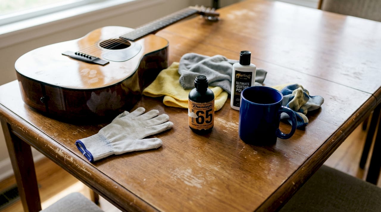 Guitar-safe cleaning products and microfiber cloth