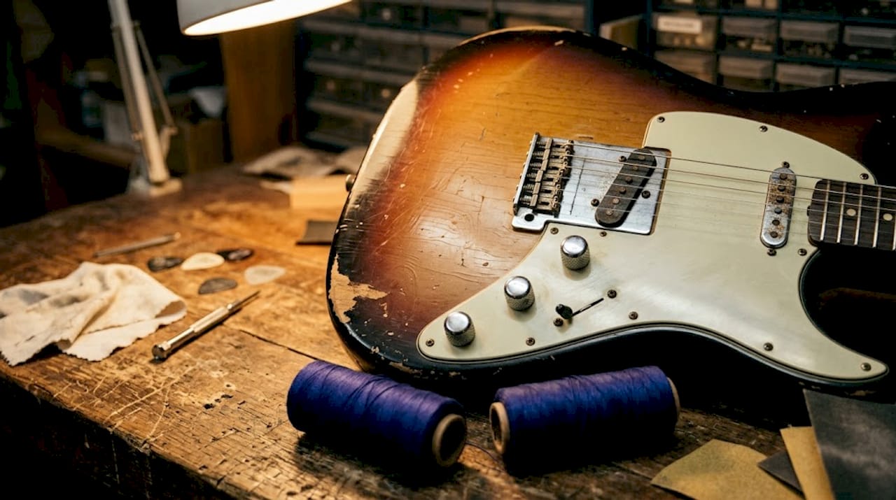 Closeup of guitar with authentic playwear