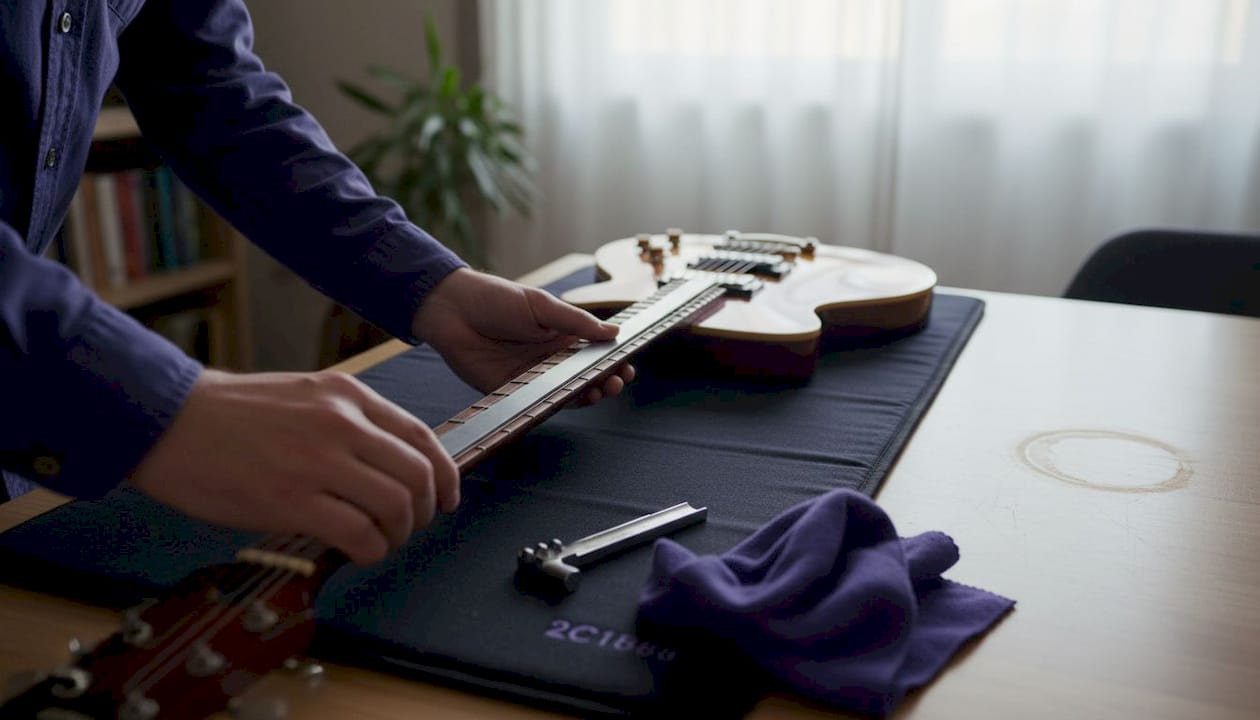 Hands checking levelness of guitar frets