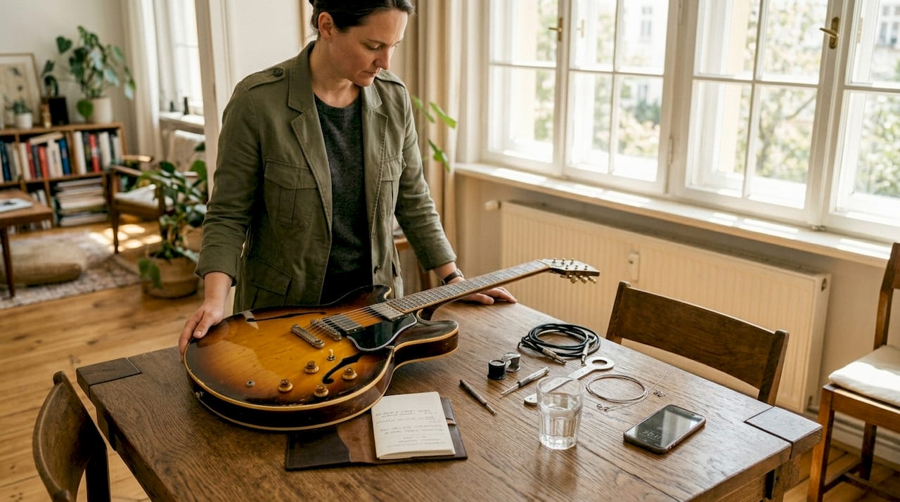 Werkzeug und Gitarre stehen für den Check bereit.