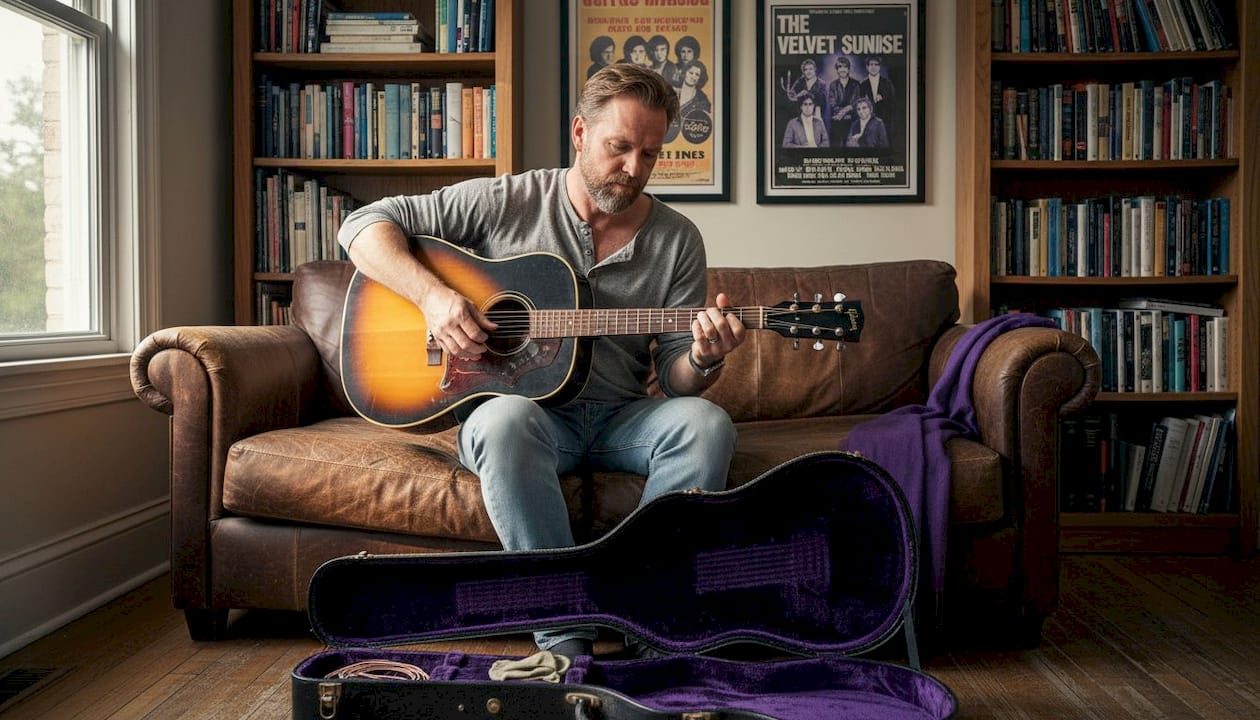 Collector plays restored vintage guitar at home