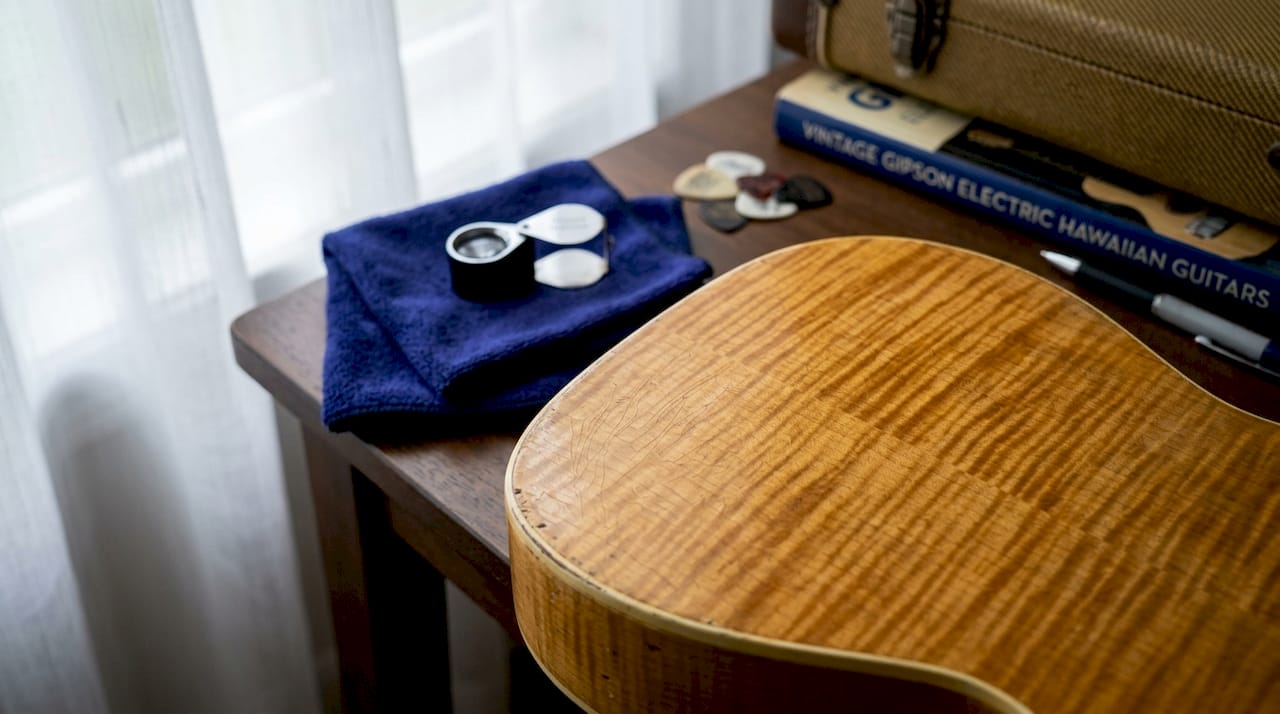 Close-up guitar detail with binding edge